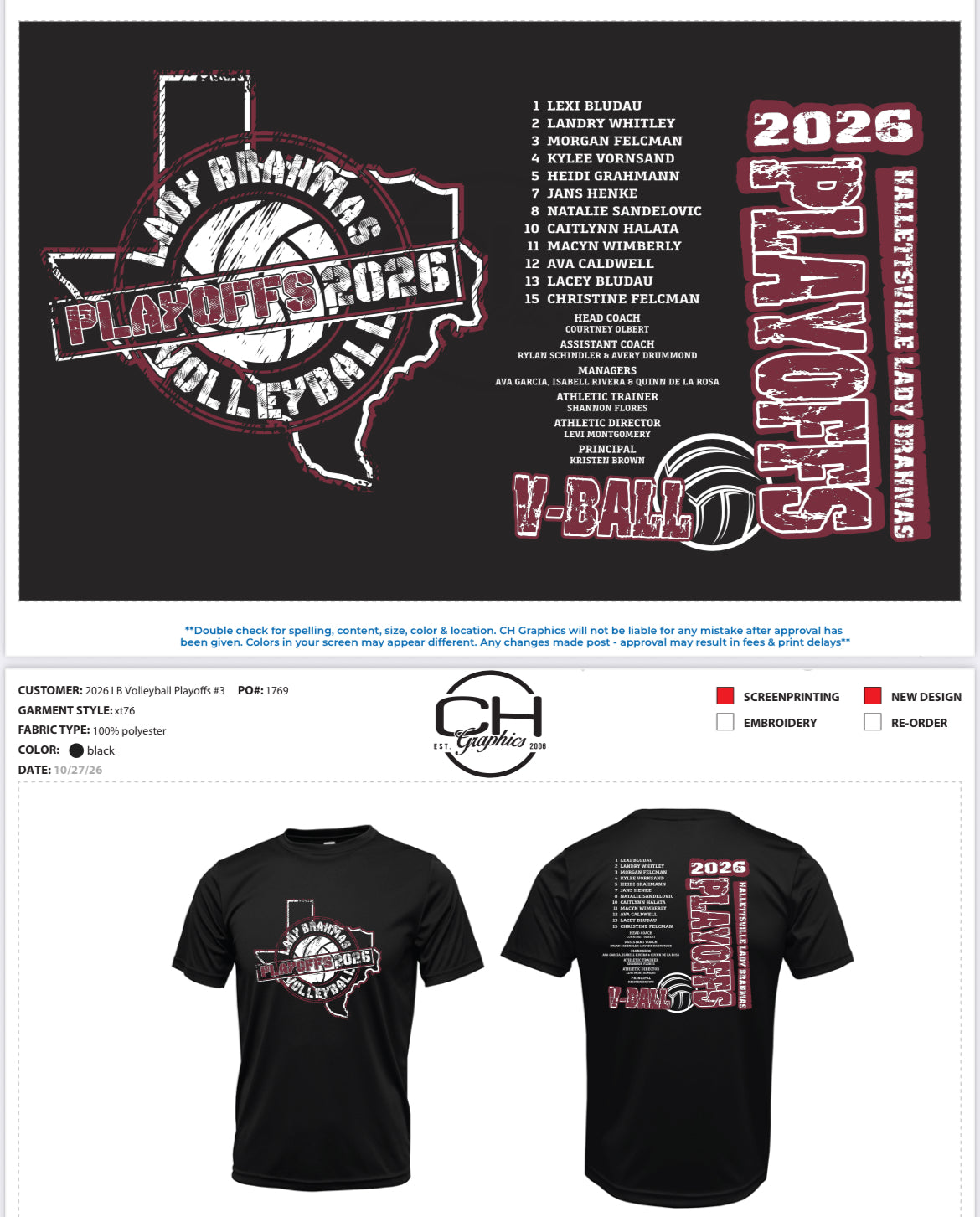 Lady Brahma Volleyball Playoffs - ORDERS DUE THURSDAY OCTOBER 29th at 8 am, **orders will NOT be available for Thursday’s game